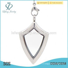 Nouveaux arrières en acier inoxydable plaqué en argent plat, bouclier de forme spéciale flottant locket pendentif bijoux